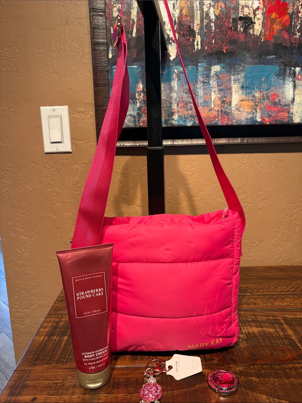 Mary Kay Bright Pink Puffer Crossbody Shoulder Bag Piece Bundle All NEW